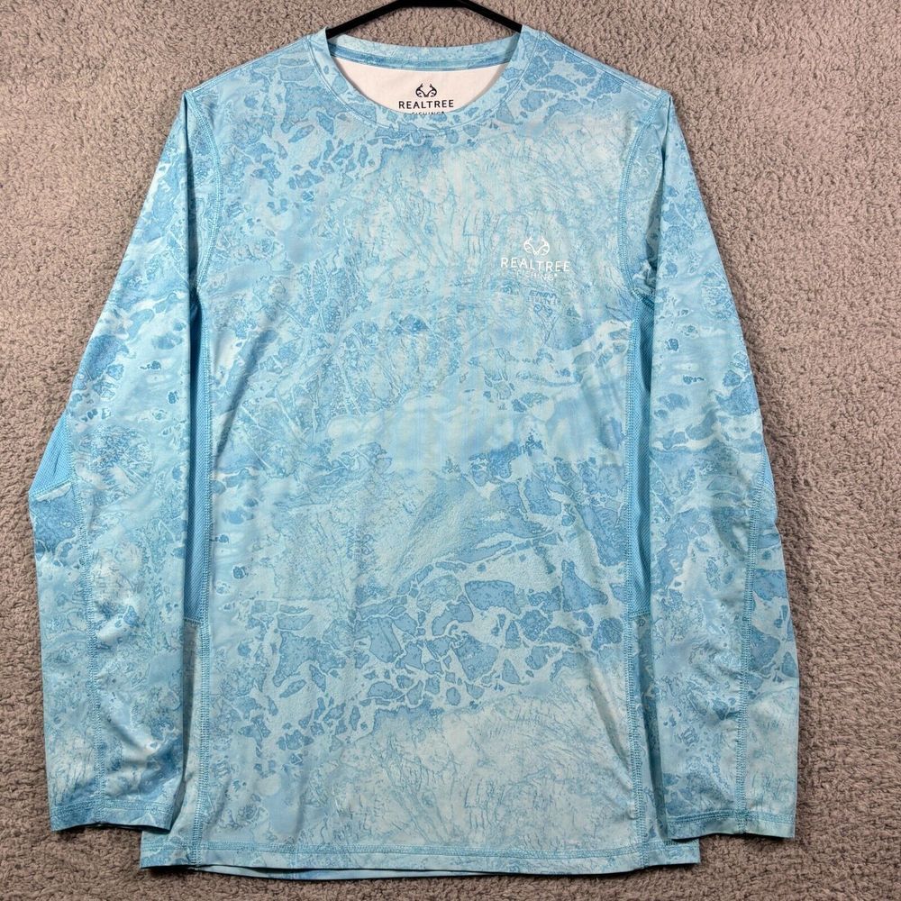 Realtree Long Sleeve Performance Fishing Shirt Ocean Blue Marble Pattern Size S
